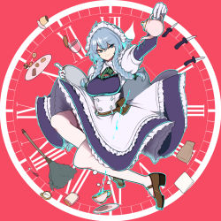 Rule 34 | 1girl, absurdres, apron, arm up, bad id, bad pixiv id, bag, belt, belt pouch, blue dress, blue eyes, blue hair, bobby36446329, braid, clock, closed mouth, commentary request, cookie, cup, decantering, dress, duster, food, handkerchief, highres, izayoi sakuya, jar, knife, korean commentary, long hair, long sleeves, looking to the side, maid, maid headdress, paper bag, pocket watch, pouch, pouring, pudding, red background, solo, sugar cube, teacup, teapot, touhou, tray, tsurime, twin braids, watch, white legwear