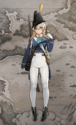 Rule 34 | 1girl, ankle boots, bag, belt, bicorne, bird, blonde hair, blue eyes, blue necktie, blush, boots, braid, buttons, character request, check character, coat, cosette valjean, flat chest, flower, full body, gloves, gun, hat, high-waist pants, high heel boots, high heels, highres, leather, leather gloves, leather pants, long hair, low twintails, musket, navel, necktie, official art, pants, quuni, rifle, seijo senki, smile, soldier, solo, standing, twin braids, twintails, uniform, weapon, white gloves, white pants