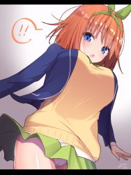 Rule 34 | !, !!, 1girl, bad id, bad pixiv id, blazer, blue eyes, blue jacket, breasts, brown hair, cameltoe, cherry panties, cherry print, commentary request, dutch angle, food print, from below, go-toubun no hanayome, green hairband, green ribbon, green skirt, hair between eyes, hair ribbon, hairband, highres, jacket, large breasts, letterboxed, looking at viewer, nakano yotsuba, open clothes, open jacket, panties, parted lips, pleated skirt, print panties, ramchi, ribbon, school uniform, signature, skirt, solo, sweater vest, underwear, white panties