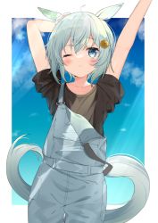 Rule 34 | 1girl, agaki anko, ahoge, animal ears, arm behind head, arms up, black shirt, blue eyes, blush, commentary request, day, flower, hair between eyes, hair flower, hair ornament, hairclip, highres, horse ears, horse girl, horse tail, looking at viewer, overalls, parted lips, seiun sky (umamusume), shirt, short sleeves, silver hair, solo, tail, umamusume, yellow flower