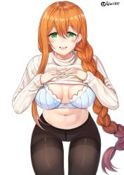 Rule 34 | 1girl, :d, absurdres, bad id, bad pixiv id, black pantyhose, blue bra, blush, bow, bow bra, bra, braid, breasts, clothes lift, crotch seam, girls&#039; frontline, green eyes, hair between eyes, highres, large breasts, leaning forward, lifting own clothes, long hair, looking at viewer, navel, open mouth, orange hair, pantyhose, rangen, ribbed sweater, sidelocks, simple background, single braid, smile, solo, springfield (girls&#039; frontline), sweater, sweater lift, tareme, thighband pantyhose, turtleneck, turtleneck sweater, twitter username, underwear, very long hair, white background, white sweater