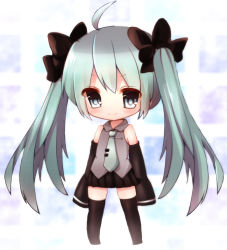 Rule 34 | 1girl, ahoge, chibi, detached sleeves, green eyes, green hair, hatsune miku, highres, long hair, matching hair/eyes, namekuji (26053464), namekuji (namekuzu), necktie, skirt, sleeves past wrists, solo, thighhighs, twintails, very long hair, vocaloid