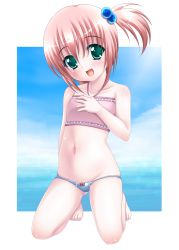 Rule 34 | 1girl, :d, bad id, bad pixiv id, bare shoulders, barefoot, blush, brown hair, flat chest, green eyes, groin, hair bobbles, hair ornament, hand on own chest, highres, kneeling, navel, open mouth, original, side ponytail, smile, solo, swimsuit, yuunagi kanade