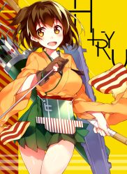 Rule 34 | 10s, 1girl, arrow (projectile), asymmetrical hair, blouse, blush, bow (weapon), breasts, brown eyes, brown hair, character name, flight deck, gloves, hiryuu (kancolle), japanese clothes, kantai collection, kureaki (exit), long sleeves, medium breasts, open mouth, orange shirt, partially fingerless gloves, partly fingerless gloves, personification, quiver, radio antenna, shirt, short hair, side ponytail, single glove, skirt, smile, solo, text focus, weapon, wide sleeves, yugake
