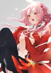 Rule 34 | 1girl, asano (tomoli t), bare shoulders, breasts, center opening, cleavage, detached sleeves, elbow gloves, fingerless gloves, gloves, guilty crown, hair ornament, hairclip, highres, long hair, looking at viewer, medium breasts, midriff, music, navel, no bra, pink hair, red eyes, singing, solo, thighhighs, twintails, yuzuriha inori