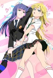 Rule 34 | 10s, 2girls, ass, bad anatomy, blonde hair, blue eyes, blue hair, breasts, clothes pull, earrings, green eyes, highres, jewelry, kneepits, long hair, multicolored hair, multiple girls, no panties, open mouth, panties, panty &amp; stocking with garterbelt, panty (psg), panty pull, pink hair, ribbon, sanshita, school uniform, siblings, sisters, skirt, skirt pull, smile, stocking (psg), striped clothes, striped legwear, striped panties, striped thighhighs, sword, thighhighs, two-tone hair, underwear, undressing, weapon