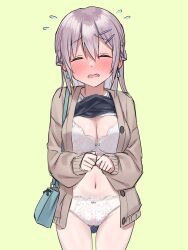 Rule 34 | 1girl, bag, black shirt, blush, bra, breasts, brown cardigan, cardigan, cleavage, closed eyes, clothes lift, earrings, embarrassed, fangs, flying sweatdrops, green background, grey hair, hair ornament, hairclip, highres, jewelry, large breasts, navel, no pants, open mouth, oribe arata, original, panties, shirt, shirt lift, short hair, simple background, solo, underwear, white bra, white panties