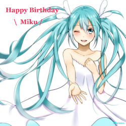 Rule 34 | 1girl, aqua eyes, aqua hair, character name, dress, hand on own chest, happy birthday, hatsune miku, long hair, mizuiro 32, one eye closed, solo, twintails, very long hair, vocaloid, white background, wink
