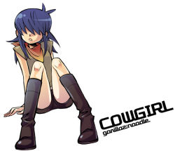 Rule 34 | 1girl, ahoge, arm support, azuma369, bad id, bad pixiv id, blue hair, boots, character name, covered eyes, gorillaz, hair over eyes, noodle (gorillaz), shorts, simple background, sitting, solo, white background