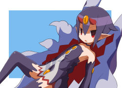 Rule 34 | 1girl, absurdres, bare shoulders, blue background, border, choker, commentary request, desco (disgaea), disgaea, dress, elbow gloves, extra eyes, foot out of frame, gloves, hair between eyes, highres, horns, looking at viewer, lying, makai senki disgaea, makai senki disgaea 4, monster girl, nagi (illust nagi), no nose, on back, open mouth, partial commentary, pointy ears, purple choker, purple dress, purple hair, purple thighhighs, red eyes, red horns, ringed eyes, short hair, simple background, slit pupils, solo, tentacles, thighhighs, white border