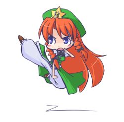 Rule 34 | 1girl, bad id, bad pixiv id, blue eyes, chibi, female focus, fighting stance, flying kick, full body, high kick, hong meiling, immaterial and missing power, kicking, nekoyama, pants, red hair, simple background, solo, touhou