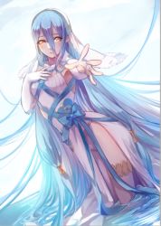 Rule 34 | 1girl, absurdly long hair, airrabbityan, azura (fire emblem), blue hair, elbow gloves, fingerless gloves, fire emblem, fire emblem fates, gloves, hair between eyes, hairband, in water, long hair, looking at viewer, nintendo, outstretched arm, smile, solo, standing, veil, very long hair, wading, water, white gloves, yellow eyes