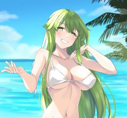 Rule 34 | 1girl, bare arms, bare shoulders, bikini, blue sky, blush, breasts, chuu (rinet), cloud, collarbone, commentary request, day, fire emblem, fire emblem: shadow dragon and the blade of light, green eyes, green hair, grin, hands up, highres, jewelry, large breasts, long hair, looking at viewer, navel, nintendo, ocean, outdoors, palla (fire emblem), ring, sky, smile, solo, stomach, swimsuit, upper body, very long hair, water, white bikini