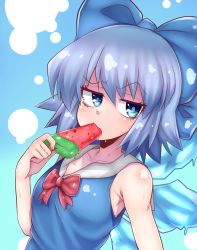 Rule 34 | 1girl, blue background, blue bow, blue eyes, blue hair, bow, bowtie, cirno, food, food in mouth, fruit, gradient background, hair bow, highres, ice, ice wings, looking to the side, norori, popsicle, popsicle in mouth, raised eyebrow, red bow, red bowtie, short hair, sleeveless, solo, touhou, upper body, watermelon, watermelon slice, wings