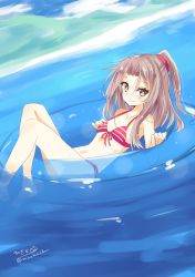 Rule 34 | 1girl, alternate costume, bikini, blue sky, blush, breasts, brown eyes, brown hair, closed mouth, cloud, day, hair ribbon, highres, hizaka, innertube, kantai collection, lifebuoy, long hair, looking at viewer, lying, navel, ocean, on back, one-hour drawing challenge, outdoors, ponytail, ribbon, sky, small breasts, smile, solo, striped bikini, striped clothes, swim ring, swimsuit, twitter username, water, zuihou (kancolle)