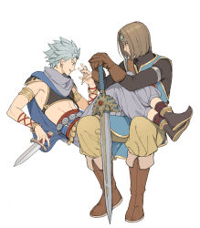 Rule 34 | 2boys, abs, absurdres, armlet, armor, armpits, bangle, black footwear, black shirt, blue hair, blue pants, blue scarf, bob cut, boots, bracelet, brown footwear, brown gloves, brown hair, camus (dq11), crop top, dragon quest, dragon quest xi, forehead protector, full body, gloves, hand up, hands on hilt, happy, hero (dq11), highres, holding, holding knife, invisible chair, jewelry, key, knee boots, knife, leaning back, long sleeves, looking at another, looking away, looking to the side, male focus, midriff, multiple boys, outstretched arm, own hands together, pants, pants tucked in, pauldrons, pointy footwear, profile, reclining, ricemune723623, sash, scarf, shirt, shoe soles, shoes, short hair, shoulder armor, simple background, sitting, sleeveless, smile, spiked hair, tabard, tight clothes, tight shirt, toned, toned male, turtleneck, white background, yellow pants