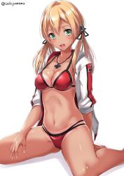Rule 34 | 10s, 1girl, :d, alternate costume, anchor symbol, arm behind back, bikini, bikini tan, black ribbon, blonde hair, breasts, cleavage, collarbone, cross, fingernails, green eyes, hair ribbon, halterneck, hand on own thigh, hand on thigh, iron cross, jewelry, kantai collection, long sleeves, low ponytail, low twintails, medium breasts, multi-strapped bikini bottom, navel, necklace, open clothes, open mouth, open shirt, pendant, prinz eugen (kancolle), red bikini, ribbon, sakiyamama, shiny skin, shirt, simple background, sitting, sleeves past elbows, smile, solo, spread legs, stomach, strap gap, string bikini, swimsuit, tan, tanline, twintails, white background, white shirt