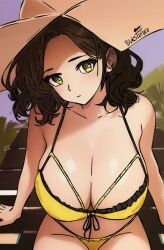 Rule 34 | 1girl, bare shoulders, bikini, breasts, brown hair, cleavage, curly hair, hat, highres, large breasts, looking at viewer, non-web source, panties, siting, solo, swimsuit, underwear, yellow eyes