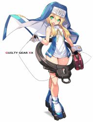 Rule 34 | 1boy, black gloves, blonde hair, bridget (guilty gear), commentary request, copyright name, fingerless gloves, gloves, green eyes, guilty gear, guilty gear xx, highres, karukan (monjya), legs, long hair, looking at viewer, male focus, nun, open mouth, simple background, smile, standing, thighs, trap, white background, yo-yo