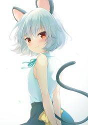Rule 34 | 1girl, alternate costume, animal ears, black skirt, closed mouth, cowboy shot, from behind, grey hair, highres, looking at viewer, looking back, mouse ears, mouse tail, nazrin, neck ribbon, nnyara, red eyes, ribbon, shirt, short hair, simple background, skirt, sleeveless, sleeveless shirt, smile, solo, standing, tail, touhou, v arms, white background, white shirt