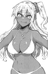 Rule 34 | 1girl, bikini, breasts, character request, cleavage, dark skin, heart, heart necklace, highres, jewelry, large breasts, legs, long hair, looking at viewer, monochrome, navel, necklace, side ponytail, smile, solo, swimsuit, thighs, tongue, tongue out