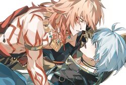 2boys antenna_hair armlet armor black_choker black_coat blonde_hair blood blood_on_face blue_eyes blue_hair body_markings chest_tattoo choker coat collared_coat earrings facial_tattoo goguparty gold_armlet gold_earrings gold_necklace gradient_hair honkai:_star_rail honkai_(series) jewelry looking_at_another male_focus multicolored_hair multiple_boys mydei_(honkai:_star_rail) necklace open_clothes open_coat orange_eyes pauldrons phainon_(honkai:_star_rail) pinned red_hair red_tattoo shoulder_armor single_pauldron tattoo white_background yaoi