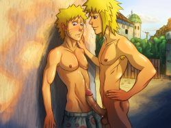 Rule 34 | 2boys, age difference, anma (ryuichi87), blonde hair, cum, erection, family, father and son, incest, male focus, multiple boys, namikaze minato, naruto, naruto (series), naughty face, outdoors, penis, public indecency, uzumaki naruto, yaoi