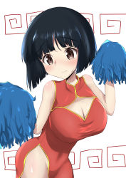 Rule 34 | 1girl, absurdres, alternate costume, black hair, blunt bangs, blunt ends, blush, bob cut, breasts, brown eyes, china dress, chinese clothes, cleavage, dress, girls und panzer, gotou moyoko, highres, large breasts, naopon918, pom pom (cheerleading), short hair, solo