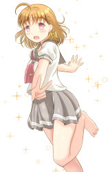 Rule 34 | 1girl, artist name, artist request, bare legs, barefoot, black legwear, blush, bow, braid, collarbone, detached sleeves, feet, female focus, floating hair, grey sailor collar, grey skirt, hair bow, hair ornament, hairclip, highres, long sleeves, looking at viewer, love live!, love live! sunshine!!, miniskirt, orange hair, parted lips, plaid, plaid skirt, pleated, pleated skirt, red eyes, red neckwear, ribbon, sailor collar, school uniform, shirt, short hair, short sleeves, side braid, single braid, skirt, smile, solo, sparkle, standing, standing on one leg, takami chika, tie clip, uranohoshi school uniform, v, white background, white shirt, yellow bow