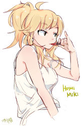Rule 34 | 1girl, absurdres, applying makeup, blonde hair, character name, cosmetics, green eyes, green nails, hair up, highres, hoshii miki, idolmaster, idolmaster (classic), lipstick, lipstick tube, makeup, nail polish, pinky out, ponytail, simple background, solo, tuxedo de cat, white background