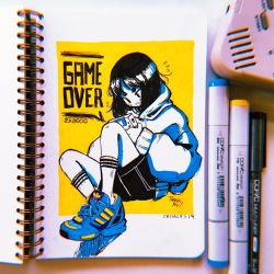 Rule 34 | 1girl, art tools in frame, black hair, black shorts, blue footwear, chromatic aberration, crisalys, drawstring, english text, game boy, game boy (original), game over, handheld game console, highres, holding, holding handheld game console, hood, hood down, hoodie, knees up, limited palette, long sleeves, marker (medium), medium hair, no nose, original, photo (medium), puffy sleeves, shoes, shorts, signature, socks, solo, thank you, traditional media, white hoodie