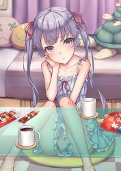 Rule 34 | 1girl, :o, bad id, bad pixiv id, bag of chips, bare arms, bare shoulders, barefoot, bed, between legs, blue dress, checkered floor, coffee, coffee mug, collarbone, commentary request, cup, curtains, dress, feet out of frame, fingernails, food, frilled dress, frills, glass table, grey hair, hand between legs, hand on own face, hand up, head tilt, indoors, knees up, long hair, mug, original, parted lips, pocky, purple eyes, ryuinu, sleeveless, sleeveless dress, solo, stuffed animal, stuffed toy, stuffed turtle, table, twintails, very long hair