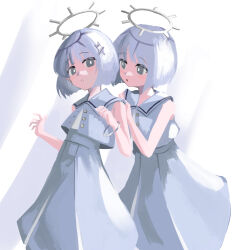 Rule 34 | 2girls, absurdres, behind another, blunt ends, bob cut, bright pupils, coeiroink, cropped shirt, dress, feet out of frame, grey dress, grey eyes, grey hair, grey sailor collar, grey shirt, hair ornament, halo, hand on another&#039;s shoulder, hand up, hands up, highres, hino (mkmkobk), looking at viewer, multiple girls, nako (coeiroink), open mouth, parted lips, reco (coeiroink), sailor collar, shirt, short hair, siblings, sleeveless, sleeveless dress, sleeveless shirt, star (symbol), star hair ornament, twins, white pupils