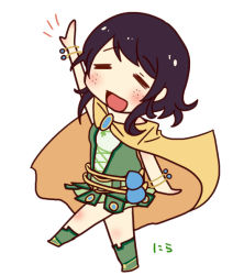 Rule 34 | 1girl, = =, arm up, artist name, avanna, black hair, bracelet, cape, chibi, closed eyes, freckles, jewelry, konomix nira, no nose, open mouth, signature, simple background, skirt, smile, solo, vocaloid, white background