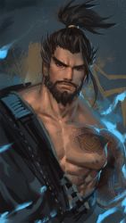 Rule 34 | 1boy, black hair, hanzo (overwatch), highres, large pectorals, long hair, male focus, overwatch, overwatch 1, pectorals, ponytail, solo, tattoo, yy6242