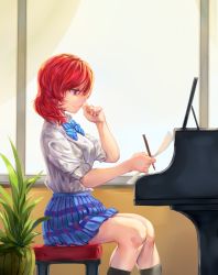Rule 34 | 10s, 1girl, absurdres, bench, blue bow, blue bowtie, blue skirt, bow, bowtie, clenched hand, free style (yohan1754), hand to own mouth, highres, holding, holding paper, holding pencil, instrument, legs together, looking down, love live!, love live! school idol project, nishikino maki, paper, pencil, piano, piano bench, plaid, plaid skirt, plant, potted plant, purple eyes, red hair, school uniform, shirt, short hair, short sleeves, sitting, skirt, smile, solo, striped bow, striped bowtie, striped clothes, striped neckwear, white shirt