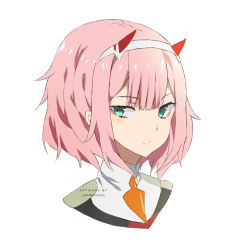 Rule 34 | 10s, 1girl, alternate hair length, alternate hairstyle, artist name, bad id, bad pixiv id, commentary, darling in the franxx, green eyes, hairband, highres, horns, orange neckwear, pink hair, short hair, simple background, solo, uniform, white hairband, zahravoca (annpratamav), zero two (darling in the franxx)