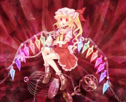Rule 34 | 1girl, armillary sphere, bad id, bad pixiv id, blonde hair, blood, cage, chain, collar, crazy eyes, dress, embodiment of scarlet devil, fangs, female focus, flandre scarlet, globe, highres, laevatein, neme, open mouth, ribbon, short hair, side ponytail, solo, stab, string, touhou, wand, wings, wrist cuffs