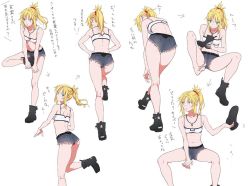 Rule 34 | 1girl, artist request, ass, back, bare shoulders, belt, bent over, blonde hair, boots, braid, breasts, casual, cleavage cutout, clothing cutout, crop top, cutoffs, denim, denim shorts, eye contact, fate/apocrypha, fate (series), feet, from behind, green eyes, hair ornament, hair scrunchie, jewelry, long hair, looking at another, looking at viewer, midriff, mordred (fate), mordred (fate/apocrypha), multiple views, navel, necklace, ponytail, red scrunchie, removing shoes, revealing clothes, scrunchie, short shorts, shorts, simple background, sitting, spread legs, standing, white background