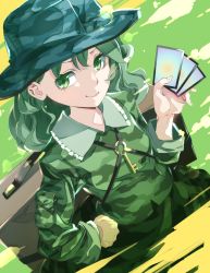 Rule 34 | 1girl, breasts, camouflage, camouflage headwear, camouflage jacket, card, fedora, frilled shirt collar, frills, green eyes, green hair, green hat, hair between eyes, hat, holding, holding card, jacket, kamabokopic, key, long sleeves, looking at viewer, short hair, small breasts, smile, solo, touhou, wavy hair, yamashiro takane