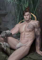 Rule 34 | 1boy, abs, arrow (projectile), bamboo, bare pectorals, beard, black hair, bulge, crotch, facial hair, hanzo (overwatch), highres, large pectorals, looking at viewer, male focus, male underwear, manly, multicolored hair, muscular, nipples, overwatch, overwatch 1, pectorals, silver hair, sitting, smile, solo, tattoo, thighs, topless male, underwear, underwear only, weapon, white male underwear