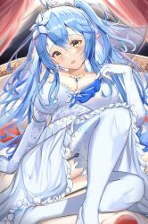 Rule 34 | 1girl, absurdres, alternate hairstyle, blue hair, blush, breasts, cleavage, dress, elbow gloves, elf, flower, frilled dress, frills, gloves, hair between eyes, hair flower, hair ornament, hairband, highres, hololive, jewelry, lace, lace-trimmed legwear, lace trim, large breasts, long hair, looking at viewer, lying, mitty7, necklace, on back, open mouth, pointy ears, snowflake hair ornament, solo, thighhighs, tiara, very long hair, virtual youtuber, wedding dress, white dress, white gloves, white thighhighs, yellow eyes, yukihana lamy