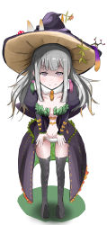 Rule 34 | 1girl, absurdres, boots, breasts, coat, flower, frills, grey hair, hat, highres, long hair, luminous arc, luminous arc infinity, multicolored hair, mushroom, navel, panties, purple eyes, smile, thigh boots, thighhighs, underwear, violet (luminous arc), witch hat