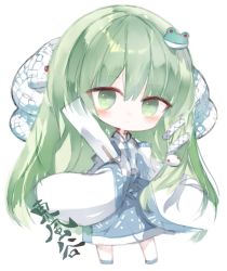 Rule 34 | 1girl, blue footwear, blue skirt, blush, chibi, closed mouth, collared shirt, commentary request, frog hair ornament, full body, gohei, green eyes, green hair, hair between eyes, hair ornament, holding, kochiya sanae, kotatu (akaki01aoki00), long hair, long sleeves, shirt, shoes, simple background, skirt, sleeves past fingers, sleeves past wrists, smile, snake, snake hair ornament, solo, touhou, very long hair, white background, white shirt, white snake, wide sleeves