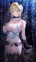 Rule 34 | 1girl, artoria pendragon (fate), artoria pendragon (lancer alter) (fate), artoria pendragon (lancer alter) (royal icing) (fate), black choker, black gloves, black panties, black thighhighs, blonde hair, breasts, choker, closed mouth, commentary request, commission, crystal, falling petals, fate/grand order, fate (series), garter belt, gem, gloves, highres, horns, large breasts, lingerie, panties, pelvic curtain, petals, sidelocks, solo, sparkle, syandega, thank you, thighhighs, underwear, underwear only, yellow eyes