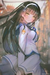 Rule 34 | 1girl, alternate costume, arm at side, arm behind back, bad id, bad twitter id, black hair, black pantyhose, blue ribbon, blunt bangs, blurry, blush, breasts, cityscape, confetti, depth of field, floating hair, flower, from side, girls&#039; frontline, hair flower, hair ornament, hairband, hanato (seonoaiko), head tilt, highres, large breasts, long hair, long sleeves, looking at viewer, neck ribbon, pantyhose, parted lips, ribbon, school uniform, semi-rimless eyewear, shirt, sidelocks, skirt, solo, sparkle, twitter username, type 95 (girls&#039; frontline), white hairband, white shirt, white skirt, wind, wind lift, yellow eyes