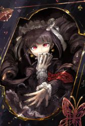 Rule 34 | 1girl, black dress, black hair, black nails, bug, butterfly, card, celestia ludenberg, claw ring, danganronpa: trigger happy havoc, danganronpa (series), dress, drill hair, floating hair, gothic lolita, holding, holding card, insect, layered dress, lolita fashion, long hair, long sleeves, looking at viewer, nail polish, necktie, print necktie, print neckwear, red eyes, red necktie, solo, twin drills, very long hair, youko-shima