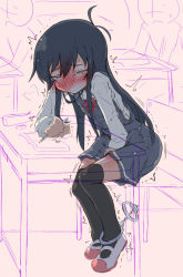 Rule 34 | 1girl, antenna hair, asashio (kancolle), bdsm, between legs, black hair, black thighhighs, blush, bondage, book, bound, breath, chair, classroom, clenched hand, clenched teeth, closed eyes, cuffs, desk, dress, embarrassed, eraser, flat chest, full-face blush, full body, grey dress, hand between legs, hand up, handcuffs, have to pee, highres, holding, indoors, kantai collection, leaning forward, legs together, long hair, long sleeves, narumiya (narumiya), open book, pencil, pinafore dress, red footwear, school desk, shirt, shoes, sitting, sleeveless, sleeveless dress, solo focus, tears, teeth, textless version, thighhighs, trembling, white shirt, x-ray