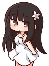 Rule 34 | 1girl, bare arms, bare shoulders, black hair, blush, breasts, brown eyes, chibi, closed mouth, collarbone, dress, flower, hair flower, hair ornament, hana kazari, highres, long hair, looking at viewer, original, simple background, sleeveless, sleeveless dress, small breasts, solo, very long hair, white background, white dress, white flower