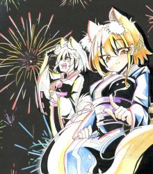 Rule 34 | 2girls, absurdres, alternate costume, animal ears, blonde hair, breasts, candy apple, colored pencil (medium), eyelashes, fang, fireworks, food, fox ears, fox tail, goku (acoloredpencil), gokuu (acoloredpencil), hair ornament, highres, inubashiri momiji, japanese clothes, kimono, looking at viewer, multiple girls, multiple tails, no headwear, no headwear, obi, open mouth, overexposure, pointing, red eyes, sash, silver hair, sitting, slit pupils, smile, tail, touhou, traditional media, wolf ears, wolf tail, yakumo ran, yellow eyes, yukata
